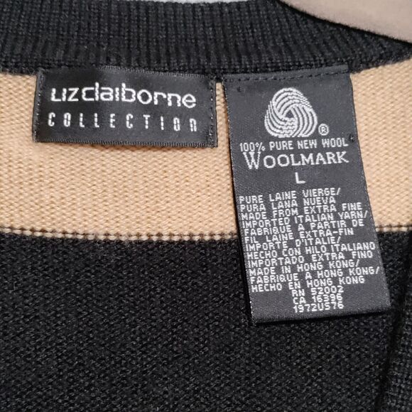 Liz Claiborne Large 100% Wool Knit Cardigan Sweater Button Front Neutral Stripes - Picture 9 of 15